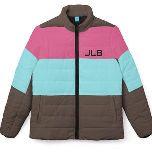 Chaqueta acolchada, monograma personalizado, estilo esquí de los años 80 y 90, abrigo personalizado con bloques de color e inicial.