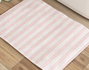 Pink Pinstripe Bow Bath Mat: Coquette Bathroom Decor, Memory Foam, Shabby chic