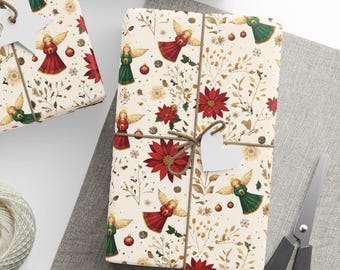 Vintage Angel Christmas Gift wrap, Holiday wrapping paper roll, boho traditional