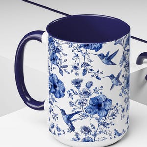 Chinoiserie Hummingbird Mug 15 oz - Blue Floral Coffee Cup, Gift for Bird Lovers, Gardeners, Mom, Tea Mug, Dishwasher Safe