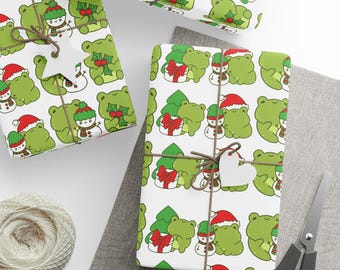 Kawaii Frog Christmas Wrapping Paper, Festive Wrap