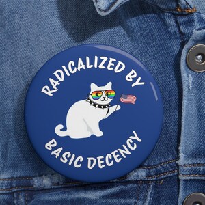 Zradykalizowany przez podstawową przyzwoitość, przypinka, kot z flagą, protest przeciwko sprawiedliwości społecznej