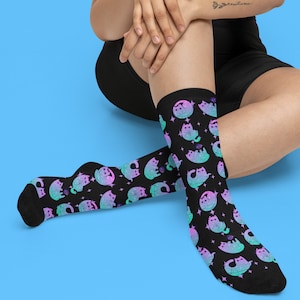 Kawaii Space Cat Crew Socks: Cosmic Geek Galaxy Space lover gift