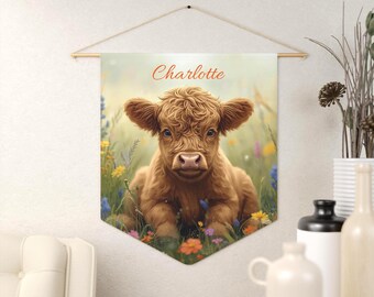 Bandeirinha personalizada para berçário, tema "Amante de mini vacas das Terras Altas", presente para chá de bebê com tema de fazenda.