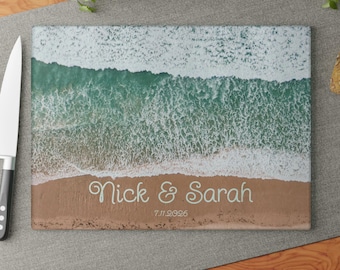 Personalized Ocean View Glass Cutting Board, Coastal Decor Gift, Wedding, Housewarming