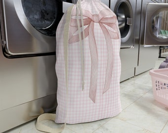 Bolsa de lavandería de cuadros vichy rosas, bolso con cordón y lazo estilo universitario, bolso de lona con correa para el hombro