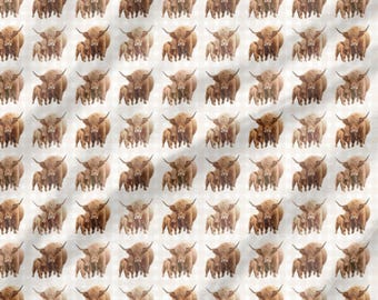 Highland Cow and Calf Fabric, Spun Polyester, Gingham Background