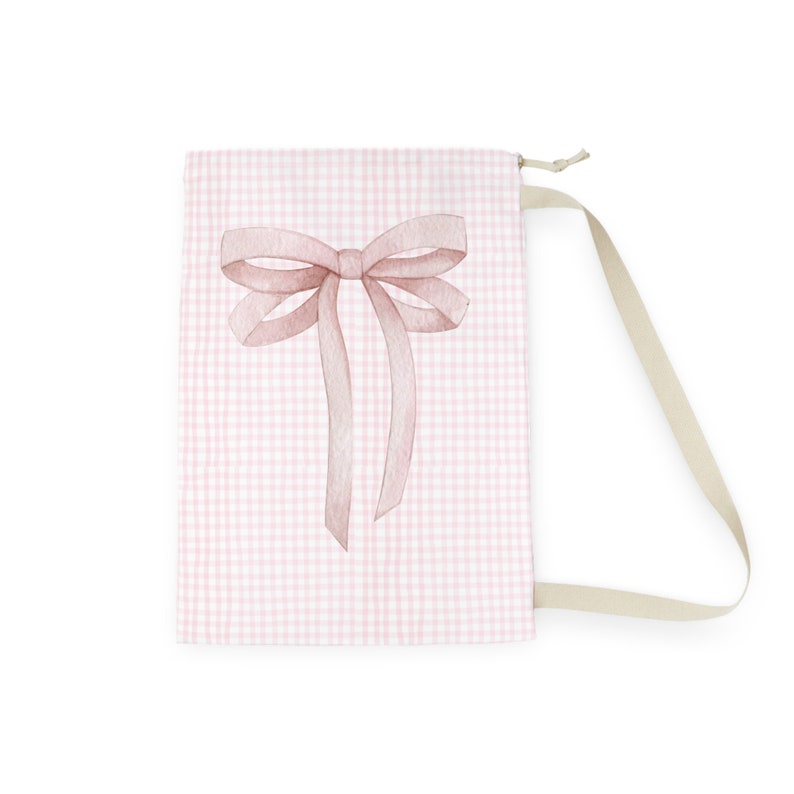 ピンクギンガムランドリーバッグ、コケットボウカレッジドローストリングバッグ、ショルダーストラップキャンバストート 画像 9