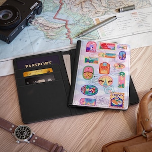 Capa para passaporte estilo kawaii, linda capa para passaporte, estojo de viagem, carteira de couro sintético vegano - RFID