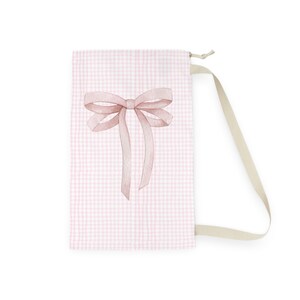 ピンクギンガムランドリーバッグ、コケットボウカレッジドローストリングバッグ、ショルダーストラップキャンバストート 画像 8