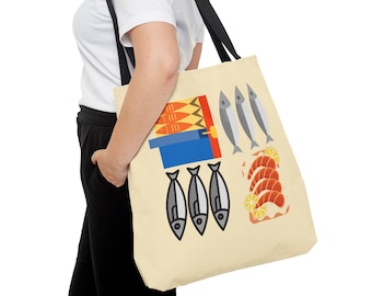 Retro Sardine Canvas Tote: Coastal Tinned Fish Grocery Bag, reusable shopping
