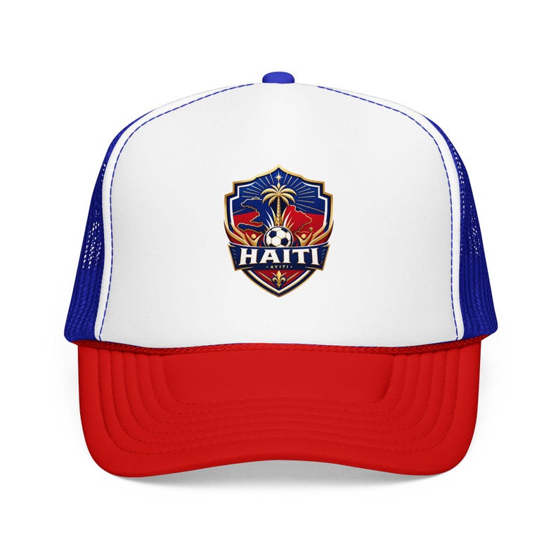 Haitian Soccer Team Trucker Hat, 2026 Fan Gear, US MEX CAN Ayiti Grenadye Grenadiers foam mesh cap Red / White / Royal
