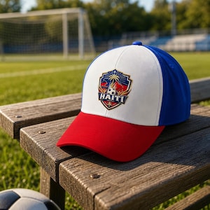 May include: A baseball cap with a red bill, white front panel, and blue crown. The cap features a Haiti soccer team emblem with the word "HAITI" prominently displayed. The cap is resting on a wooden bench near a soccer ball and a soccer field.