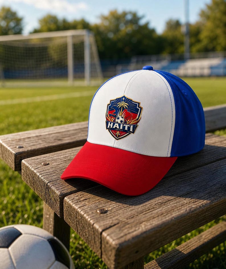 May include: A baseball cap with a red bill, white front panel, and blue crown. The cap features a Haiti soccer team emblem with the word "HAITI" prominently displayed. The cap is resting on a wooden bench near a soccer ball and a soccer field.