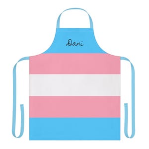 May include: A light blue apron featuring the horizontal striped pattern of the transgender pride flag in light blue, pink, and white. The upper section is light blue with the name Dani written in black cursive script centered on the chest area.