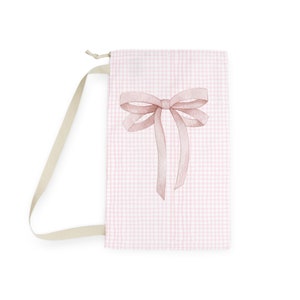 ピンクギンガムランドリーバッグ、コケットボウカレッジドローストリングバッグ、ショルダーストラップキャンバストート 画像 10