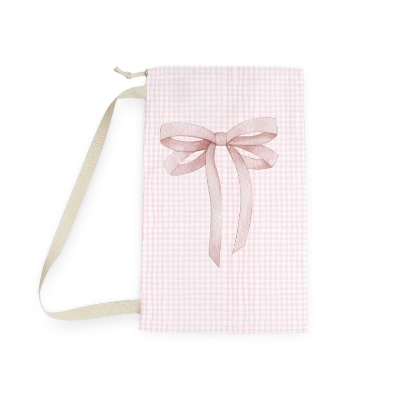 ピンクギンガムランドリーバッグ、コケットボウカレッジドローストリングバッグ、ショルダーストラップキャンバストート 画像 10