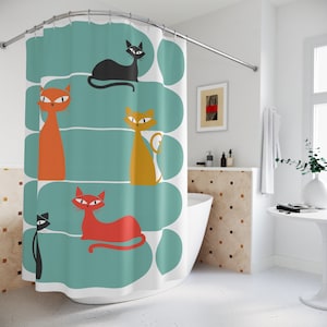 Cortina de chuveiro Atomic Cats: decoração moderna de banheiro em azul-petróleo de meados do século