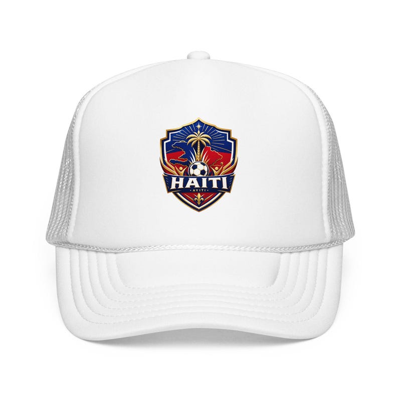 Haitian Soccer Team Trucker Hat, 2026 Fan Gear, US MEX CAN Ayiti Grenadye Grenadiers foam mesh cap White