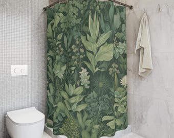 Botanical Green Forest Shower Curtain, Jungle Plant Bathroom Decor