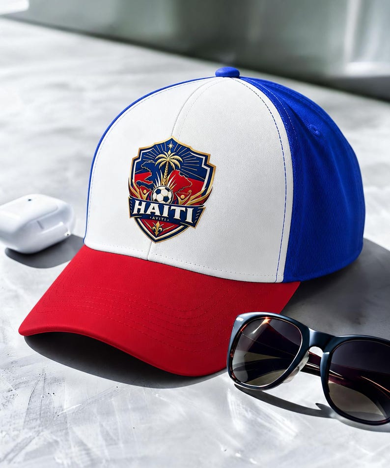 May include: A baseball cap with a red brim, white front panel, and blue top and back. The cap features a shield-shaped emblem with the word "HAITI" and a design including a palm tree and soccer ball.