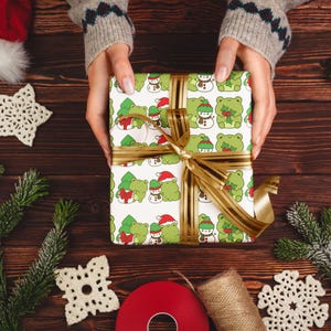 May include: A white gift box wrapped in green and white paper with a repeating pattern of frogs wearing Santa hats and holding Christmas trees. The box is tied with a gold ribbon.