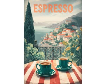 Italian Wall Art Poster, Mediterranean Balcony Espresso Coffee lover Print, Amalfi Coast Travel Gift