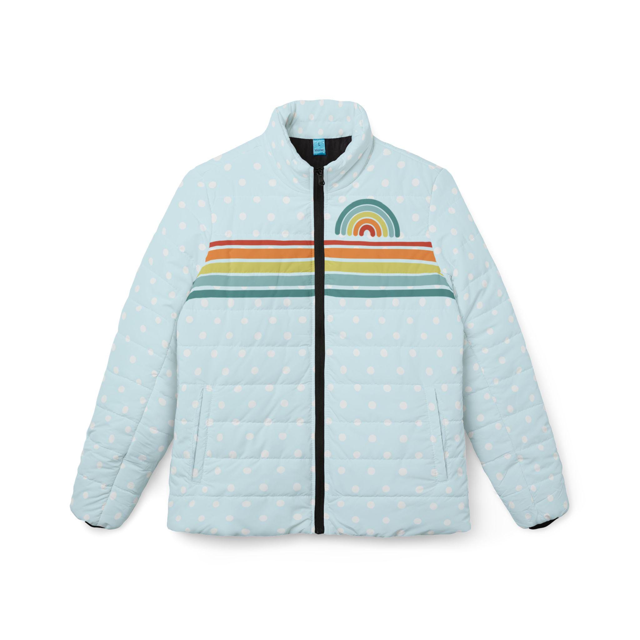Retro Puffer Jacket: Icy Blue Snow Dot Winter Coat Rainbow Stripes 