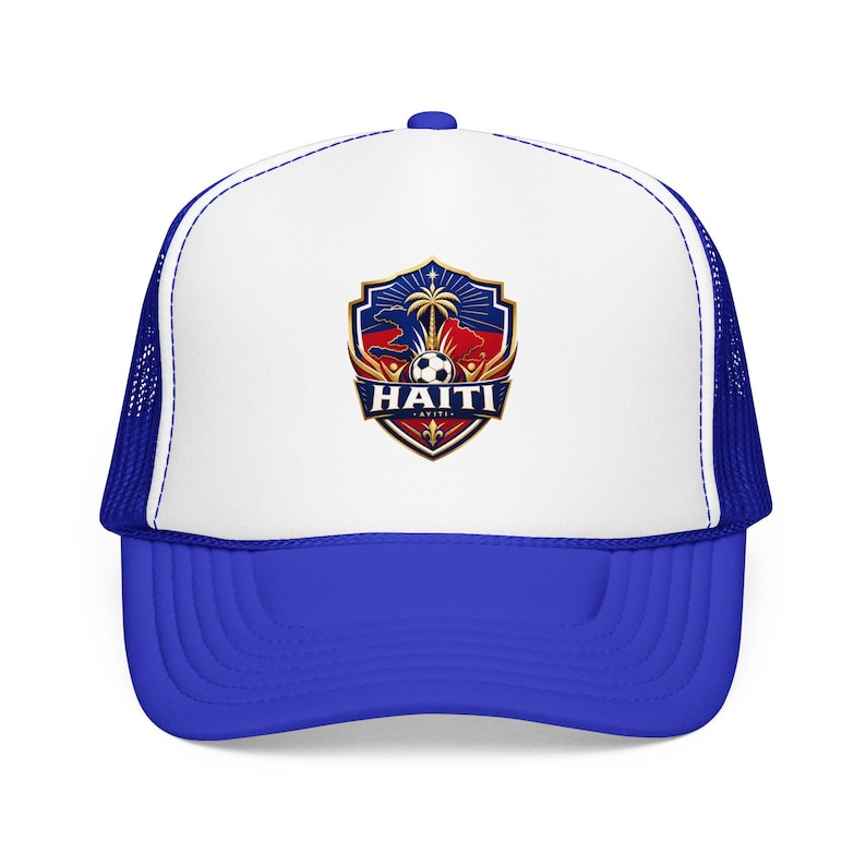 Haitian Soccer Team Trucker Hat, 2026 Fan Gear, US MEX CAN Ayiti Grenadye Grenadiers foam mesh cap Royal / White / Royal