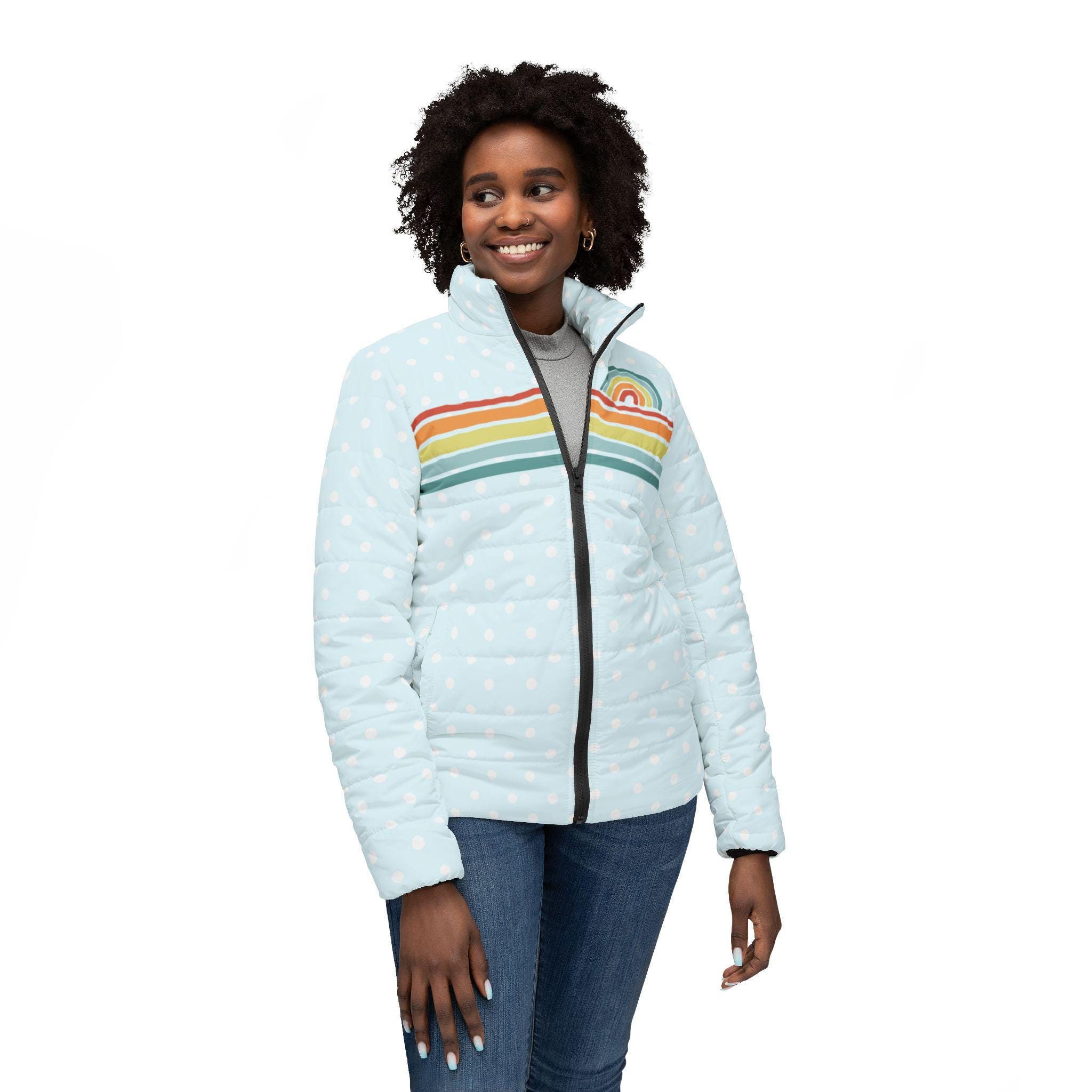 Retro Puffer Jacket: Icy Blue Snow Dot Winter Coat Rainbow Stripes 