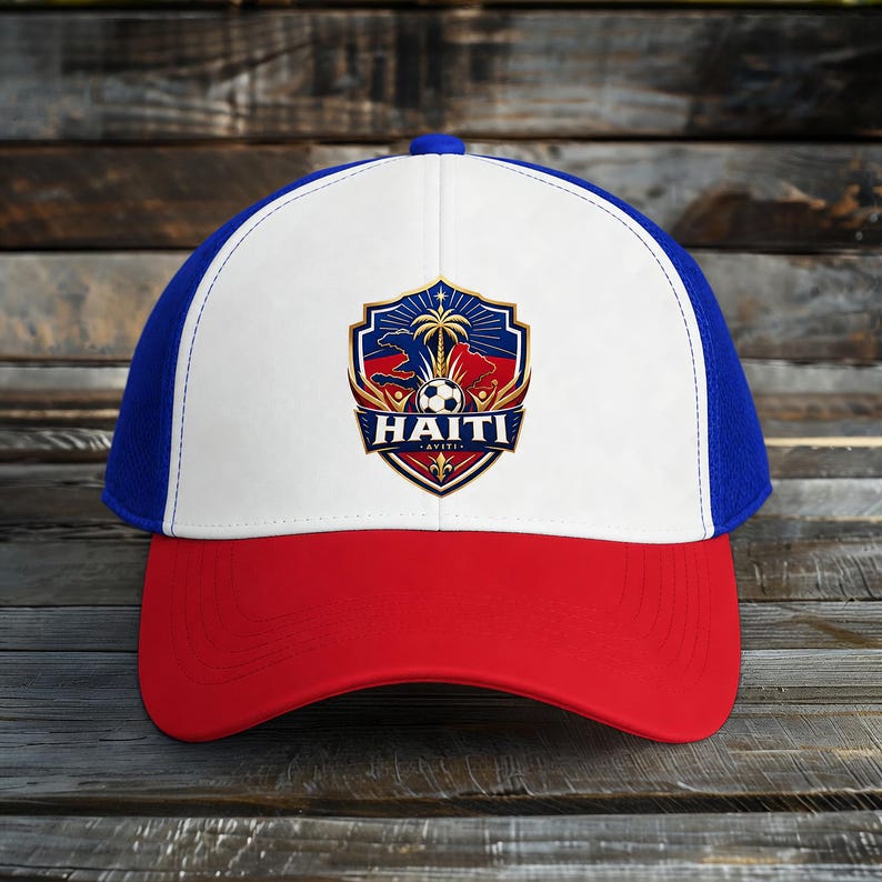 May include: A baseball cap with a red brim, white front panel, and blue mesh back. The front features a shield-shaped emblem with the word "HAITI" and a soccer ball. The emblem also includes a palm tree and the words "AVITI."