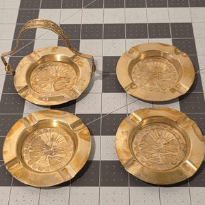Brass Ashtray Set: Crane & Mountain Art Deco Style
