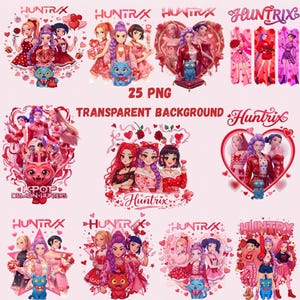 Puede incluir: Ilustraciones digitales de personajes de estilo anime en rosa y rojo. Las imágenes incluyen corazones, rosas y un gato azul. El texto incluye "HUNTRIX" y "25 PNG TRANSPARENT BACKGROUND". El tema es romántico y lindo.