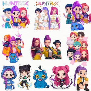 May include: A selection of digital illustrations in an anime style, featuring characters with bright hair and varied outfits. The images have dynamic poses and compositions. The word "HUNTRIX" is displayed at the top of the image.