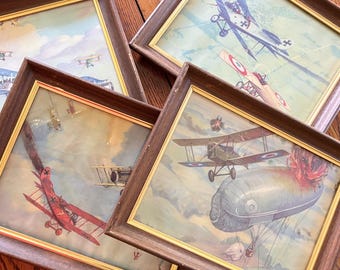 Charles Hubbell Vintage Aviation Prints Set, Biplane Dogfight, Pilot Gift (Set of 4) Military Air Force Wall Art