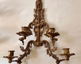 French Rococo Style Brass Candle Wall Sconce, 4-Light Candelabra, Acanthus Leaf Scrollwork