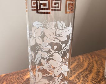 6+ Highball Glass-Vintage Anchor Hocking White Hibiscus and Gold Trim, Mid Century Modern Drinking Tumbler, Retro Craft Cocktail Barware