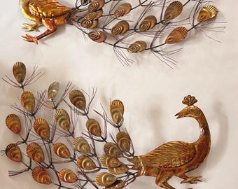 Vintage Metal Peacock Wall Decor Set | Mid Century Modern Copper Brass Bird Sculptures | Retro 1970s Hollywood Regency Wire Tail Wall Art
