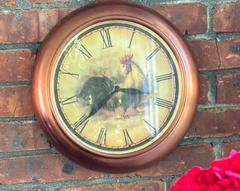 Copper Rooster Clock-  Vintage Wall Clock, Country Cottage Farmhouse Kitchen Rustic Decor