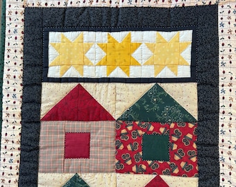 Vintage Handmade Schoolhouse Mini Quilt: Folk Art Wall Hanging (17x23 inches)- Primitive Design, Hand Quilted and Stitched Gift for Quilter