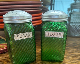 Flour & Sugar -Vintage Depression Glass Hoosier Style Shakers Owens Illinois Forest Green-  collectible glassware for your vintage kitchen!