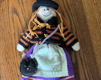 Vintage Halloween Witch Doll: Felt, Knit Sweater, Hand-Stitched Happy Witch