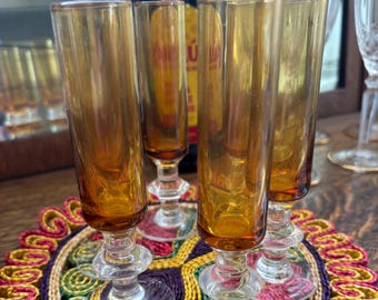 6 MCM Amber Liqueur Glasses - Vintage Gold Stemware Barware, Cordial Glasses, Mid Century Modern Bar Cart, Glassware Set