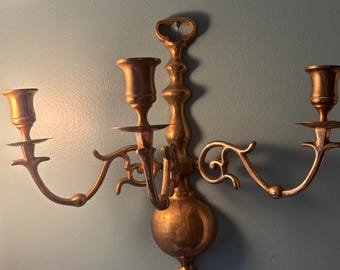 Vintage Brass Wall Sconce Candle Holder, 3 Arm Candelabra, Ornate Gold Brass Taper Candleholder, Colonial Revival Home Decor Accent
