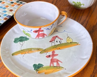 Italian Hand Painted Ceramic Cappuccino Snack Set - Made in Italy Plates, Vintage Folk Art