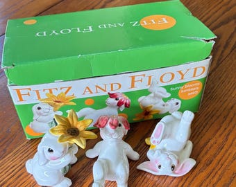 Vintage Fitz and Floyd Bunny Blooms Set of 3 with Original Box Hand Painted Ceramic White Rabbit Figurines Easter Spring Cottagecore