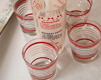 Vintage Mid Century Red and White Striped Rocks Glasses & Cocktail Shaker- Retro 1950s Clear Glass Tumbler Barware Set MCM Glassware