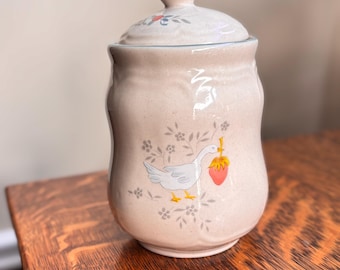 Marmalade Strawberry Goose Canister with Lid, 1980s Vintage Country Geese Stoneware Kitchen Storage Jar, Cottagecore Farmhouse Decor