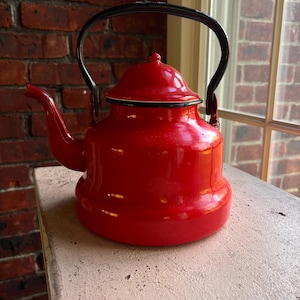 Vintage RED Enamelware teapot / kettle  - Country Cottage and Farmhouse Decor