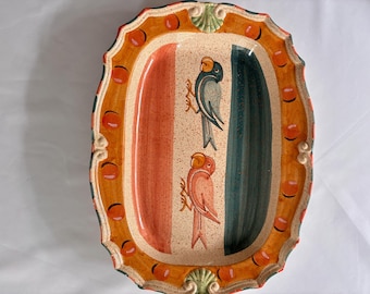 Vintage Italian Bird Folk Art Platter Hand Painted Ceramic Serving Dish, Horchow Medici Bellini Italy Stoneware Pottery